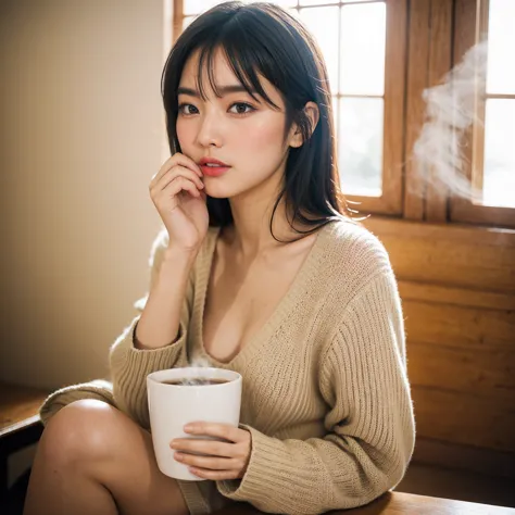 sexy japanese woman holding a steaming cup of coffee close to her face, her expression soft and inviting as she gazes directly i...