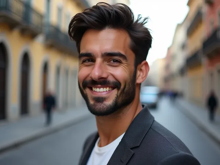 A 35-year-old man with a casual but elegant appearance who looks intelligent with a nice smile showing his teeth and a Latin color who has a beard that is not so bulging and athletic in height that he measures 1.76cm with dark brown hair and that looks lik...