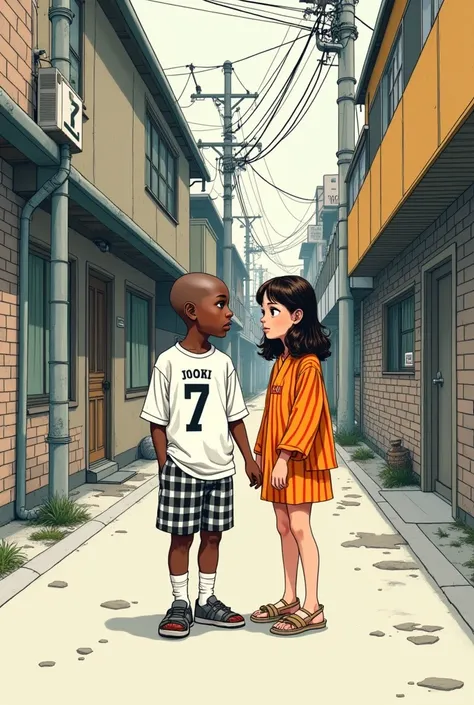 1980s retro hand drawn ink. A small black boy named Greg Burke in a Tokyo alley with short close crop shaved hair wearing an all-white number seven sports jersey, loose-fitting plaid cotton boxers shorts and a Japanese small girl named Ikari Yu with medium...