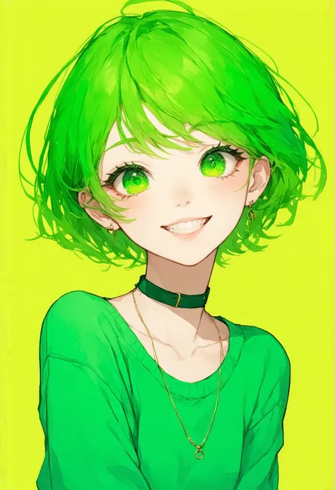 Create a cartoon girl with short green hair 