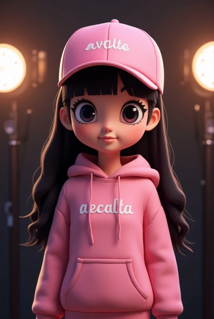 This is a 3D rendering of a stylized female anime character. She has large eyes, long black hair, and is wearing a pink sweatshirt with "Aecelle" written on it and a pink baseball cap with "Navalta" on it. The background is a dark studio setting with profe...