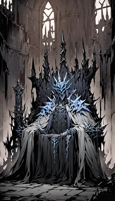 In a castle,  whose hall radiates this eerie atmosphere, A Lich King sits on a bone throne 