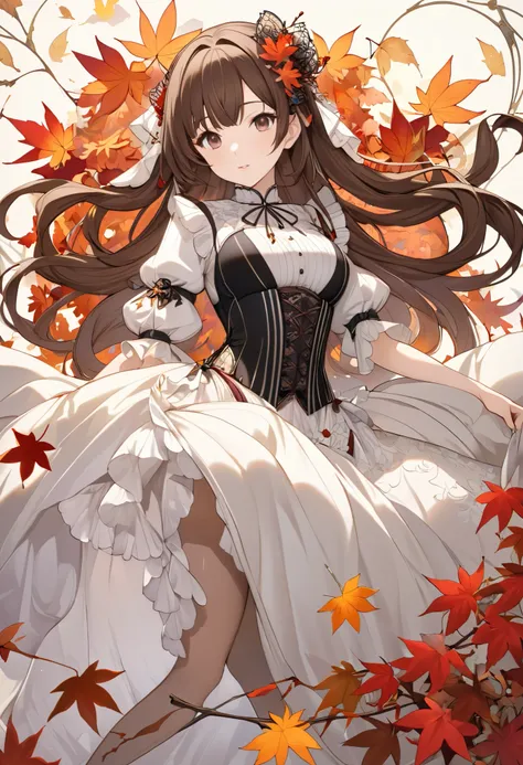 (((nsfw))), ((( My ass sticking out over fallen leaves  )))  ,(((  dog style  ))),  (((gothic ))), she was adorned with hair accessories、, Wavy brown hair..Super mini skirt with frills, sheの表情は自然だ,     calm expression   . she is wearing a mini skirt with d...