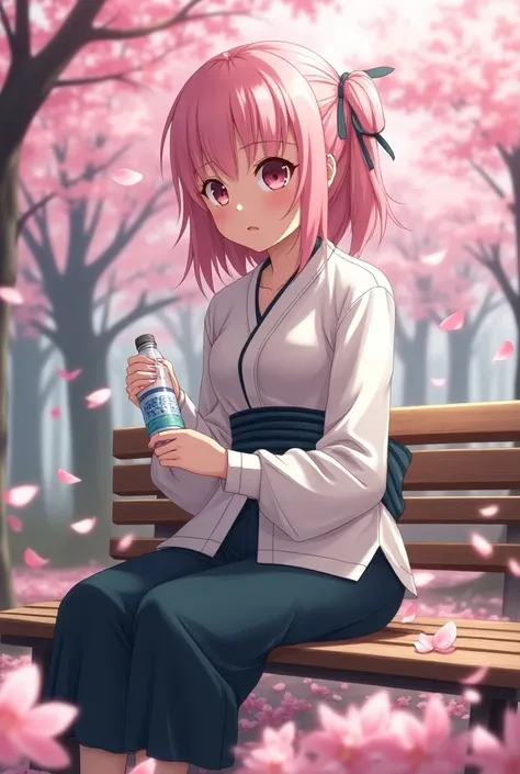 anime girl sitting on a bench with a bottle of water in her hand, sakura haruno, haruno sakura, sakura haruno in slug sage mode, from naruto, sakura petals around her, highly detailed exquisite fanart, anime style character, in anime style, lush sakura, an...