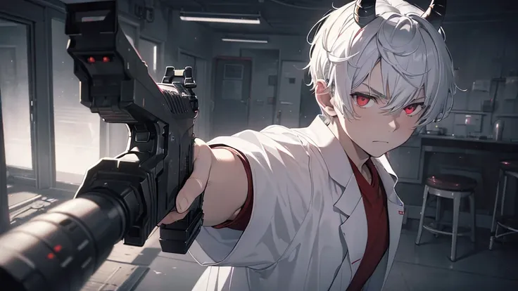 wide shot, ((a boy with horns like a goat)), ((white midium hair:1.2)), red eyes glaring, holding a pistol, focused pistol, (aiming a gun at viewer:1.5), (from front:1.5), ((wearing white hospital gown)), laboratory, monitor room, serious expression, hatre...