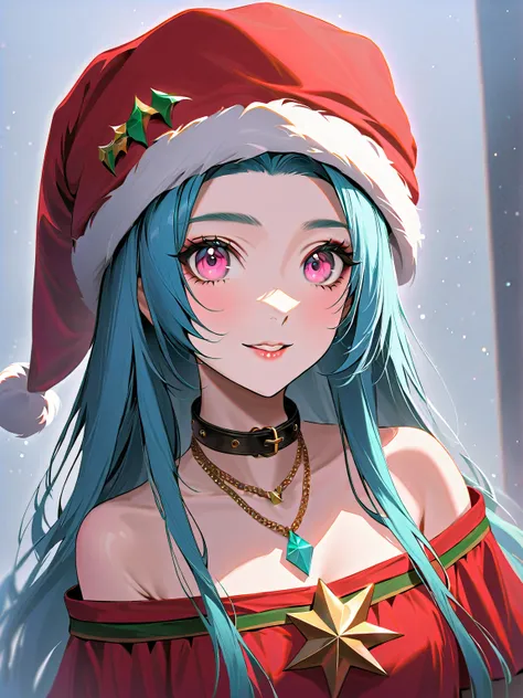 1 girl, Jinz (League of Legends),  alone , Long hair, Look at the audience, smilehas ,  jewelry ,  bare shoulders ,  blue hair, collarbone , tooth, collar,  pink eyes , necklace, portrait, Red hat,  santa has , Fur hat ,  delicate masterpiece, New East , ,...