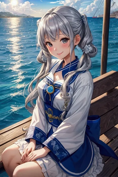 masterpiece、Best Quality、Super detailed、 Hi-Res、 extremely detailed CG、 Beautiful Idol Costumes 、最も美しいWharfの夜景、 blue sky and white clouds 、Wharfの周辺を歩く姿、beautiful single girl 、Idol&#39;s Smile、 silver hair、 wavy twin tails、Long Hair、 silver hairの毛、Port town...