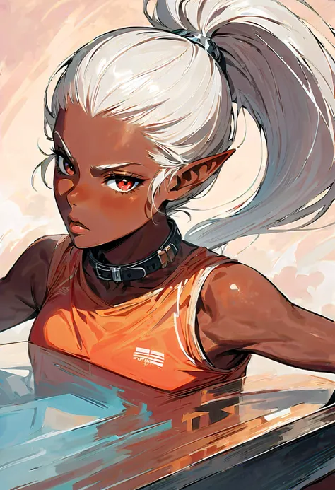 (On the table: 1.2,  Best Quality ), 1 woman,  alone, Silver Hair,Long hair, Red Eyes,  dark skin ,Sunburn,Bronze skin,Elf language 、collar,Silver Accessories,Sportswear,running, ponytail
