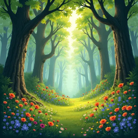 A beautiful forest with beautiful trees and varied field flowers.
