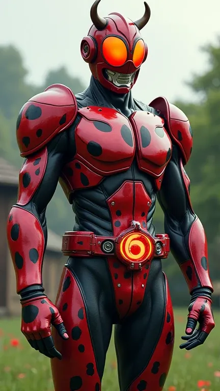 Highly realistic depiction of kamen rider inspired by Cow. Cow pattern motif, but red black, glowing red visor, glowing belt in waist, holding a glass of strawberry milk. Backgroundin farm