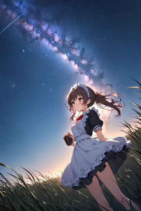 score_9, score_8_up, score_7_up, score_6_up, score_5_up, score_4_up, source_anime, rating_explicit, anime-style illustration, 
BREAK Beautiful starry sky, milky way, A cute little maid girl looking up at the night sky, wide-angle lens, Grassland, From belo...