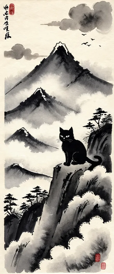 日本のInk Painting, Ink Painting, Ink Painting, 日本のInk Painting, Cat Bigger Than a Mountain , Narrow eyes, Bushy,  High Above the Clouds 