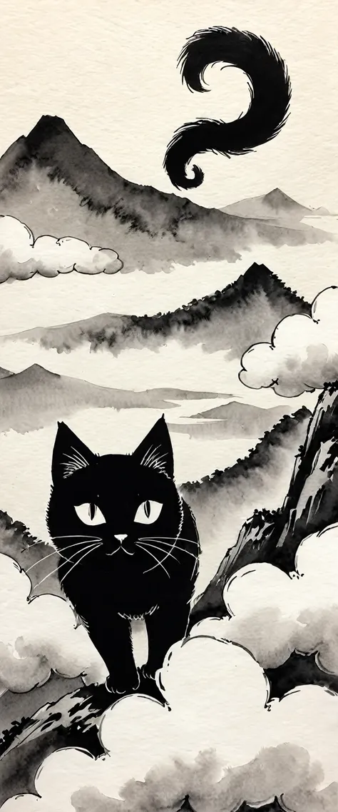 日本のInk Painting, Ink Painting, Ink Painting, 日本のInk Painting, Cat Bigger Than a Mountain , Narrow eyes, Bushy,  High Above the Clouds 