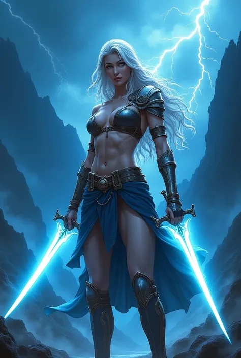 Female warrior,  ((big boobs))  ((topless)) (pale silver hair),  (dynamic pose),  wielding two glowing,  (light blue) swords,  (stormy blue and dark blue attire, detailed armor), central figure, facing forward, (powerful stance),  mountainous landscape bac...