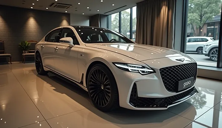 Close Front view of painted White with shiny clour 2025 Genesis G90 sleek in large shape sedan in large size with Genesis logo on its large detailed grille in shiny white clour with angular sporty design captured from close Front view with modified sleek L...