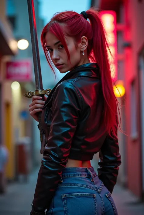 masterpiece, Best Quality, 8k, highest resolution,  absurd,  Extremely detailed,  Red Hair Ponytail 　Female Swordsman　Swords on the Cheek 　 sharp eyesight 　 hold up a weapon　 Cyberpunk Neon Street Back Alley　Lower Body Covered in Jeans 