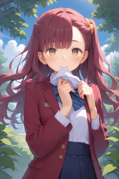 Show the whole body、Best Quality、  beautiful eyes 、 detail eyes 、Yellow Eyes、Droopy eyes、 cute face、  Baby Face 、   elementary school students 、 blazer uniform、 maroon hair in the garden、long hair、 asymmetrical bangs 、Disheveled Hair、blue sky and school 、 ...