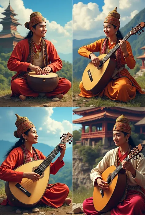  4 different Nepali traditional culture with musical instruments  with culture dress wearing 