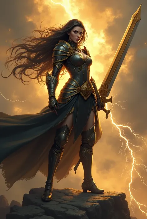 A powerful female warrior, centrally positioned, stands poised atop jagged rocks.  She wears dark, ornate armor with golden accents, revealing toned muscles and a dramatic bust. Her long, dark hair flows behind her, whipped by a backdrop of golden lightnin...