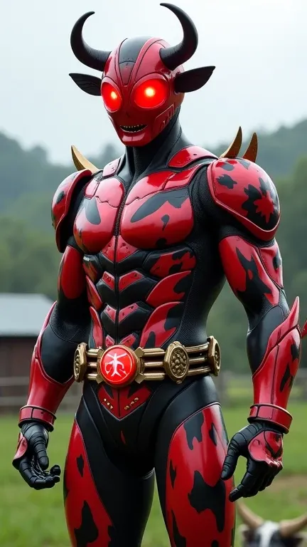 Highly realistic depiction of kamen rider inspired by Cow. Cow pattern motif, but red black, glowing red visor, glowing belt in waist, holding a glass of strawberry milk. Backgroundin farm