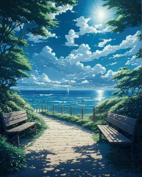 there is a painting of a pathway leading to a beach, scenery artwork, beautiful anime scenery, beautiful anime scene, anime beautiful peace scene, anime scenery, style of makoto shinkai, ( ( makoto shinkai ) ), studio glibly makoto shinkai, blue sea. by ma...