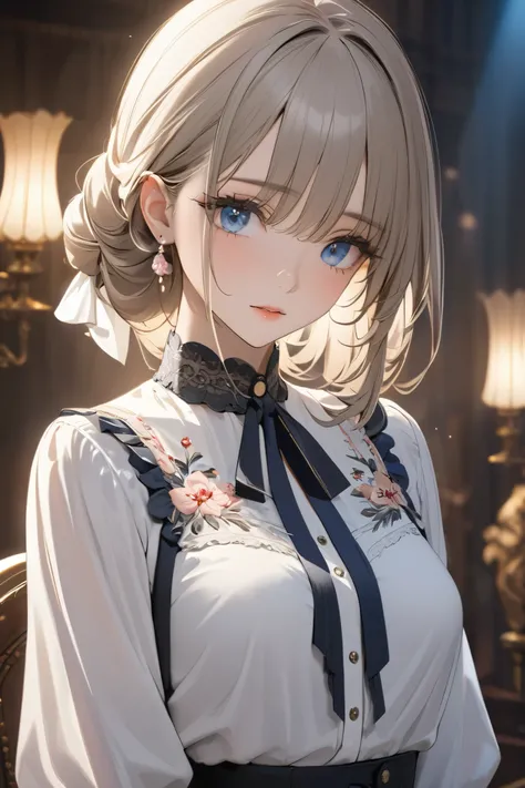 ((Best Quality)), ((masterpiece)), ( Details), Hi-Res, perfect face, Detailsed eyes, beautiful eyes, Movie Lighting, 1 Beautiful Girl , Victoria blouse, Gorgeous embroidery
