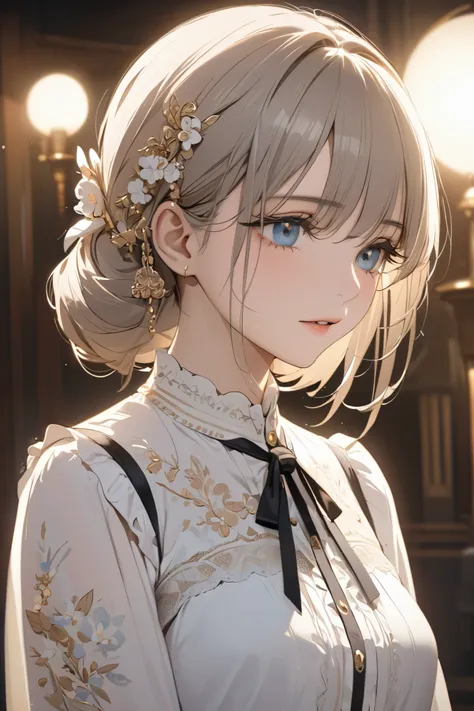 ((Best Quality)), ((masterpiece)), ( Details), Hi-Res, perfect face, Detailsed eyes, beautiful eyes, Movie Lighting, 1 Beautiful Girl , Victoria blouse, Gorgeous embroidery