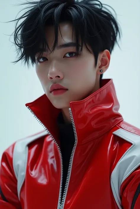 Korean male idol
Red clothing details white leather futuristic black hair 