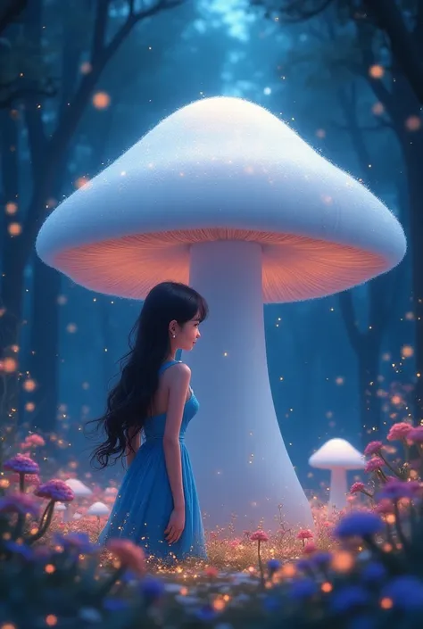 A beautiful girl, sleeveless blue short dress, dark brown long shiny hair, pearl earing, talking to a giant white glittery mushroom, in a magical forest, lots of colourful magical trees near them, glitter & sprinkles are flowing in air everywhere, lots of ...