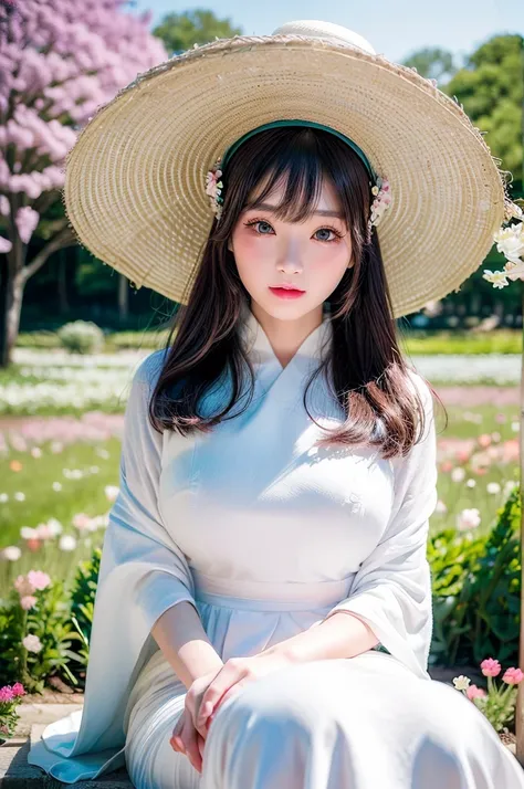 ((( realistic photo 、裸の非常にBEAUTIFUL KOREAN WOMAN 、 big breasts at the temple、Wearing a big white hat)))  ((( sitting in a field of flowers covering her body ))), Shot with Canon EOS 6D Mark II,  Beautiful Young Korean Woman , Shot with Canon 50mm f/1.2,  G...