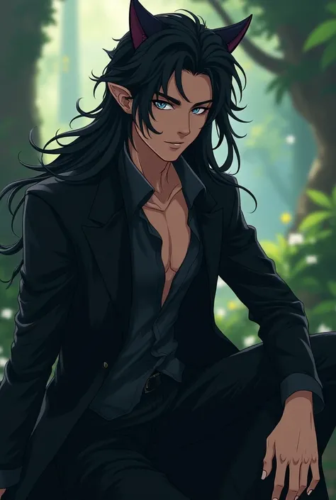 Make a male elf with black hair and black clothes with cat details. in anime