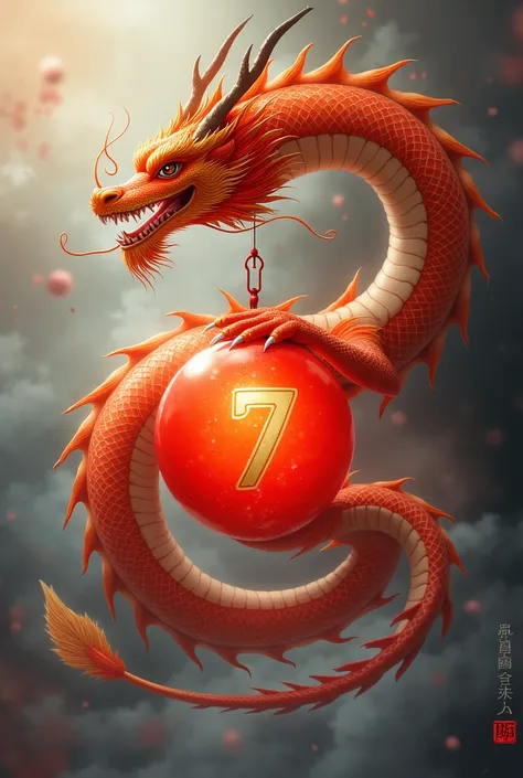 a chinese dragon with a red ball and the number 7 on it