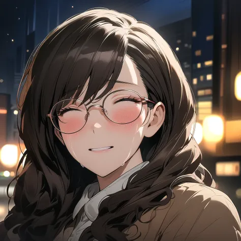 1 female, mature lady, ((blushing)), crying, ((sad expression)), closed eyes, very long wavy dark-brown hair, long eyelashes, large breasts, eyeglasses, brown coat, (on a sidewalk), night time, city lights, bokeh, (portrait:1.3), masterpiece, ultra HD, ani...