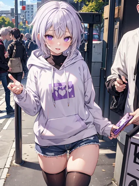   anime girl , White short hair,  purple eyes,  HOODIE, pc, streamer, vtuber,  street style