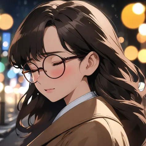 1 female, mature lady, crying, ((sad expression)), closed eyes, very long wavy dark-brown hair, long eyelashes, large breasts, eyeglasses, brown coat, (on a sidewalk), night time, city lights, bokeh, (portrait:1.3), masterpiece, ultra HD, anime style, (my ...