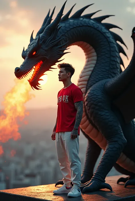  A handsome Asian man ,full body tatto ,wearing a red t-shirt with the name  "APB OK "red color,under white Jogger pants , wears Nike shoes , medium position standing next to a DRAGON of black color that emits a burst of fire, with a smile, looks real ,cin...