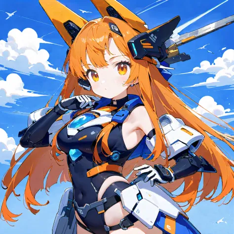 ((celluloid)),Mecha musume,a woman in a futuristic outfit is floating in the air 使用一个 sword in her hand 使用一个 sky and clouds and blue background with white clouds and blue and orange lines and white,使用一个,约瑟夫·斯特拉,Mecha, Portrait of a character ,Rayonism,