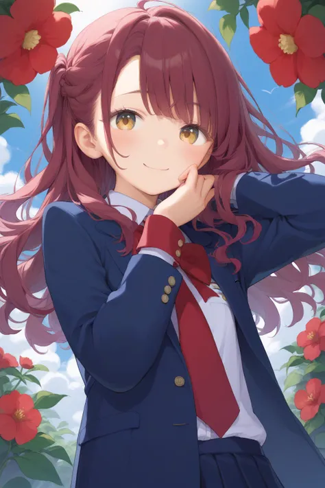 Show the whole body、Best Quality、  beautiful eyes 、 detail eyes 、Yellow Eyes、Droopy eyes、 cute face、  Baby Face 、   elementary school students 、 blazer uniform、 maroon hair in the garden、long hair、 asymmetrical bangs 、Disheveled Hair、blue sky and school 、 ...