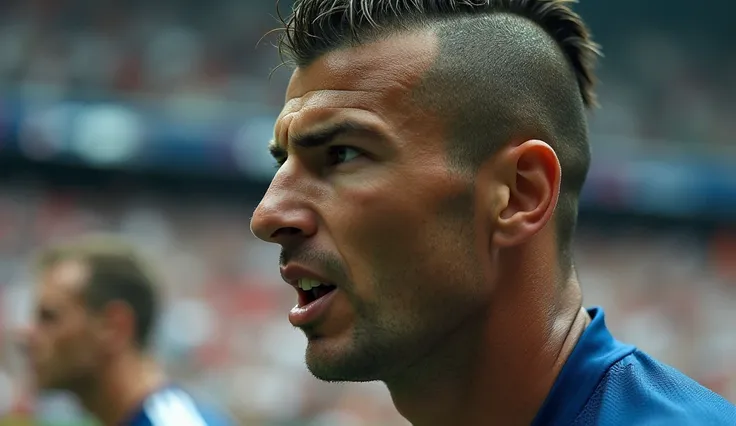 Prompt: "A close-up shot of Zinedine Zidane in the World Cup final, with his iconic frozen hairstyle, looking confident and focused. The background shows the French team celebrating, with some fans making fun of his unique hairstyle, creating a humorous co...