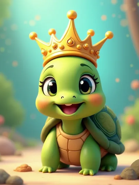 a cartoon turtle wearing a golden crown, happy, cute