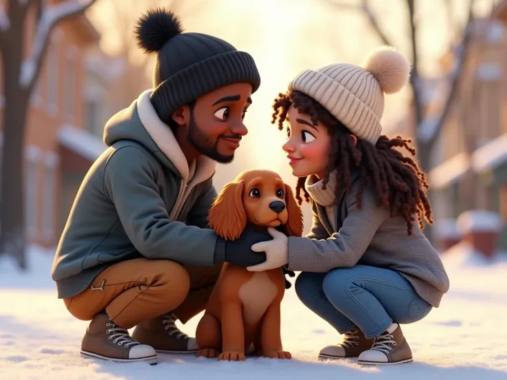 3D, Pixar style cartoon, Pixar style cartoon, masterpise, contour light, soft sunlight, image in the center of the frame, objects inside the frame, winter, deep tan, dark skin, African type of appearance, happy couple, squatting next to each other, looking...