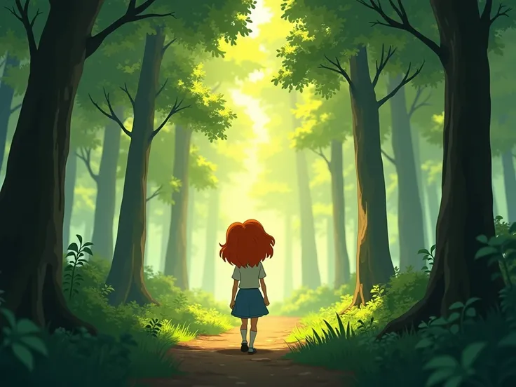  image for a cartoon story YouTube video in Pixar format. The landscape of the forest : dense forest with tall trees,  with breaking rays of light , in which Liora, a young tall girl with bright red hair and insightful eyes, went in search of Kylies boy wi...