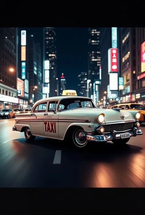 Creative image of a taxi in a night city the car is a white Ford steed marked with the logo of "taxi"
