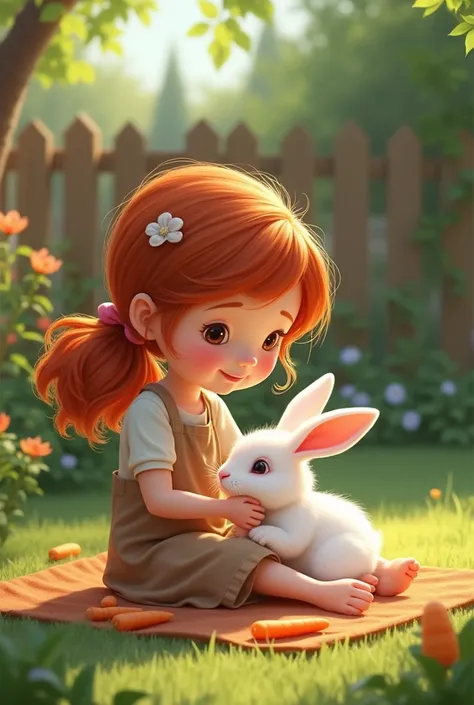 A white rabbit cub is being fed carrots by a red-haired daughter in the back garden of her home