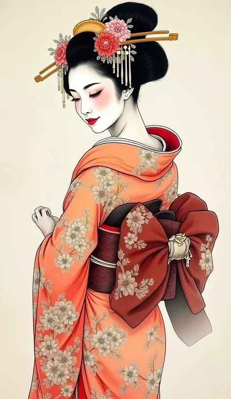 A stunning ink painting featuring a full body graceful smirking geisha, radiating elegance and charm. Delicate brushstrokes capture her beauty, adorned with intricate details and flowing robes, inviting viewers to appreciate the timeless allure of Japanese...