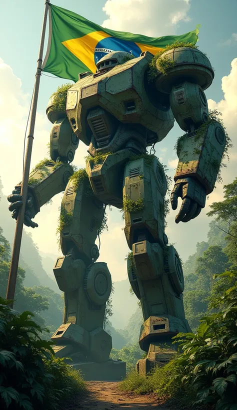 "A towering, ancient robot with designs inspired by Brazilian art and nature, covered in lush vines and greenery. The robot stands in a dense rainforest, raising a massive green, yellow, and blue Brazilian flag high into the sky. The vibrant colors of the ...