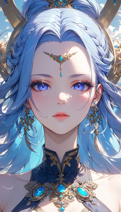 (((Best quality, 8k, Masterpiece: 1.3)), ((best quality)), ((masterpiece)), (detailed), perfect face, perfect body, (detailed skin:1.3), (intricate details), blue hair, hair slicked back, long hair, forehead jewel, ray tracing