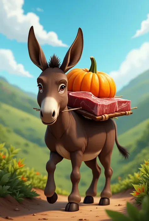 A donkey carrying a picanha ,   pumpkin and working on a 6 x 1 scale