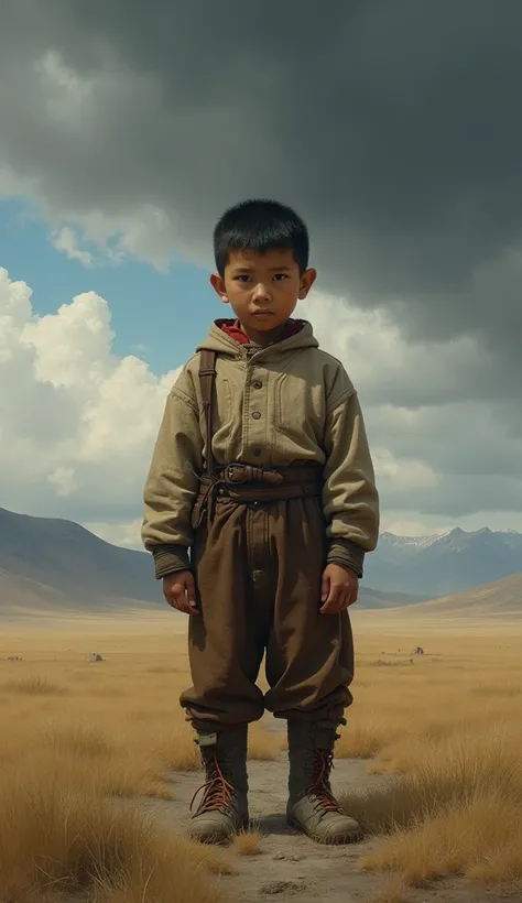 A young boy in tattered clothes with fierce determination in his eyes, standing alone against a backdrop of harsh, cold Mongolian steppes. He appears small and vulnerable yet resilient, with dark clouds looming overhead, symbolizing the hardships he faces....