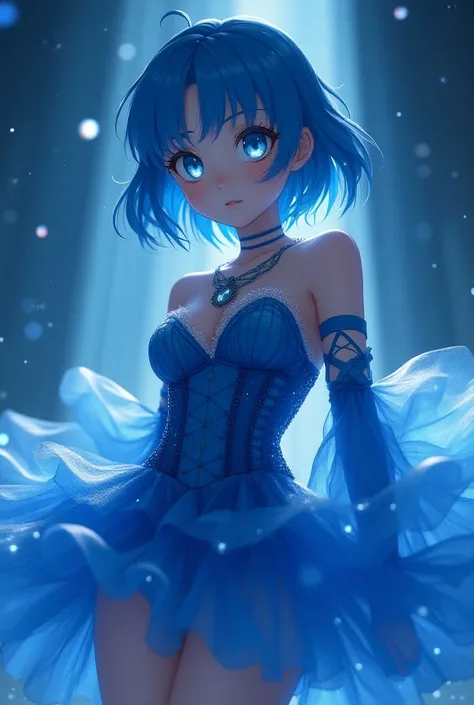 ( 90s anime style) (Syrah Moon style )

 young white sailor warrior with short blue hair ,  pale blue eyes , wears a deep blue dress with a silver sparkle that shines like a star.  she wears a tight corset with waves ,  layered skirt like bubbles . her cos...